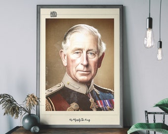Vintage King Charles III Portrait – Coronation Art Print, British Royal Family Poster, Royal Wall Decor