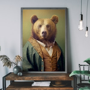 Braunbär Vintage Portrait - Tiergemälde veränderter Kunstdruck, Tierkopf & menschlicher Körper, Unikatkunstdruck