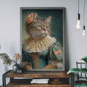 Portrait victorien de chat tigré - Peinture animalière de la Renaissance, tête d'animal sur le corps humain, affiche d'art drôle