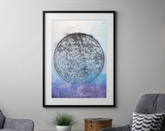 Nautical Map Blue Blend Print, vintage map art print, star chart art print, blue and white celestial map