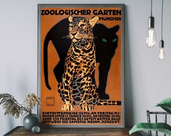 Zoo Travel Poster, Vintage Leopard Illustration, Antique Travel Poster, German Zoo Poster, Retro Advert