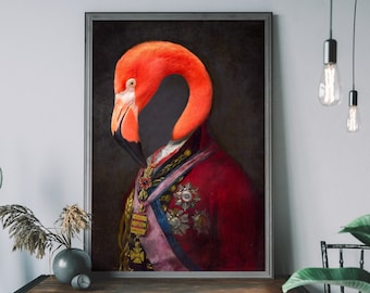 Flamingo Renaissance Portrait Print – Altered Animal Art, Vintage Human Body Painting, Quirky Wall Decor