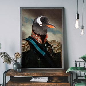 Pintura de animales del Renacimiento, Impresión de pingüino de arte alterado, Cuerpo humano con cabeza de animal, Arte mural con retrato de animal victoriano