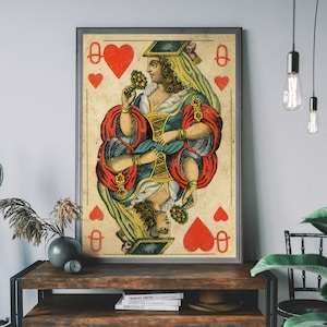Impression de cartes à jouer vintage reine de coeur - oeuvre d'art mural rétro, décoration rustique, affiche de salle de jeux
