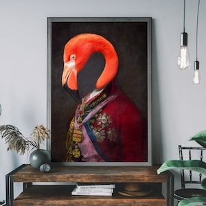 Flamingo Renaissance Portrait Print – Altered Animal Art, Vintage Human Body Painting, Quirky Wall Decor