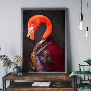 Flamingo Vintage Portrait, Renaissance Animal Painting, Altered Art Print, Animal Head Human Body