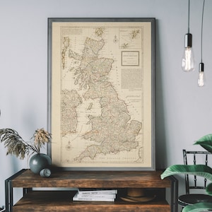 Vintage kaartafdruk Groot-Brittannië – historische Britse kunst, antieke geografieposter, reismuurdecoratie