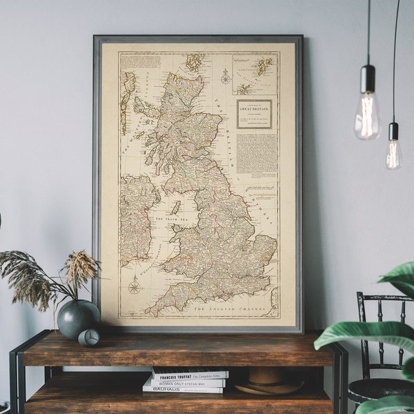 Carte vintage de la Grande-Bretagne, impression d'art de carte historique du Royaume-Uni, affiche de voyage ancienne, affiche de géographie