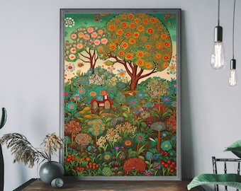 Folk Forest Art Print, Colorful Wall Art, Cottagecore Rustic Decor, Vintage Boho Illustration, Nature-Inspired Home Decor