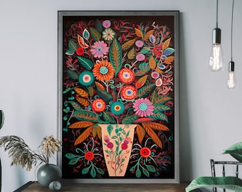 Vintage Folk Flower Art Print, Colourful Wall Art, Cottagecore Wall Art, Cozy Wall Art, Boho Floral Illustration