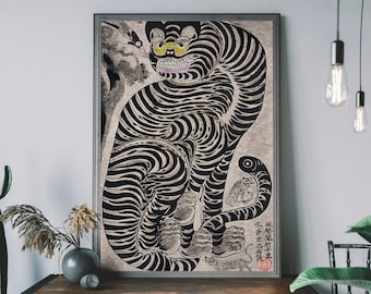 Vintage Japanese Tiger Print, Talismanic tiger, Antique Japanese Poster, Traditional Woodblock Print