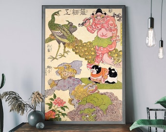 Vintage Japanese Dragon Illustration, Antique Japanese Poster, Traditional Woodblock Print