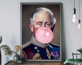 King Charles III's Coronation Art Print, Bubblegum Wall Art, British Royal Family Poster, Urban Wall Decor