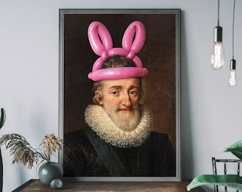 Altered Art Print – King Henri IV of France with Rabbit Ears, Renaissance Portrait Painting, Funny Wall Art, Street Art Print