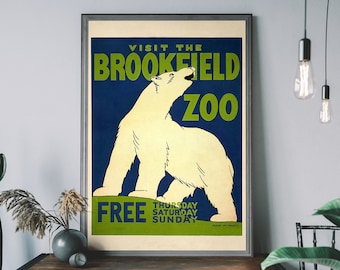 Zoo Travel Poster, Vintage Polar Bear Illustration, Antique Travel Poster, Retro Advert