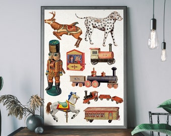 Vintage Toys Art Print, Nutcracker Poster, Festive Wall Art, Quirky Home Decor, Wooden Toys Wall Art