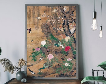 Birds and flowers Vintage Painting, Antique Japanese Poster, Traditional Woodblock Print, Botanical Wall Art