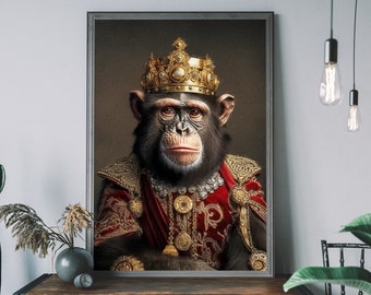 Retrato vintage de chimpancé, arte alterado, estampado de mono real, cabeza de animal y cuerpo humano, lámina artística única