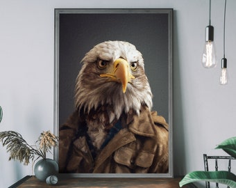 May include: A portrait of a bald eagle wearing a brown jacket. The eagle has a serious expression and its eyes are looking directly at the viewer.