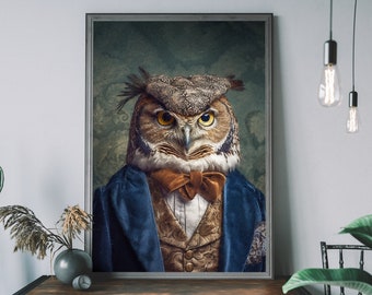 Owl Renaissance Portrait Print – Altered Animal Wall Art, Regal Bird Painting, Quirky Vintage Decor