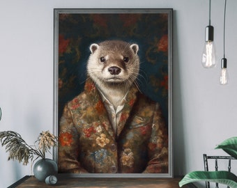 Otter Vintage Portrait - Renaissance Animal Painting, Altered Art Print with Animal Head & Human Body, Unique Funny Art Print