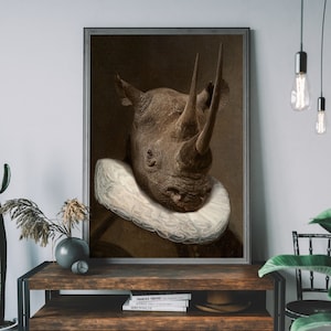 Renaissance Animal Painting, Altered Art Rhino print, Animal Head Human Body, Victorian Animal Portrait Wall Art