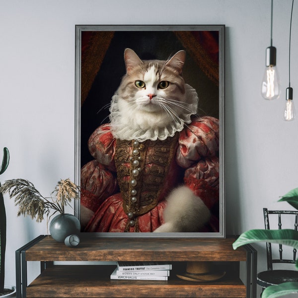 Katzen Portrait Kunstdruck - Viktorianische Tiermalerei, veränderter Kunstdruck, Tierkopf & menschlicher Körper, einzigartiger Kunstdruck