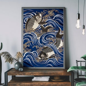 Vintage Japanese Koi Carp Print – Antique Japanese Poster, Traditional Woodblock Print, Waves Poster