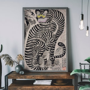 Impresión vintage de tigre japonés, tigre talismán, póster japonés antiguo, impresión tradicional en madera