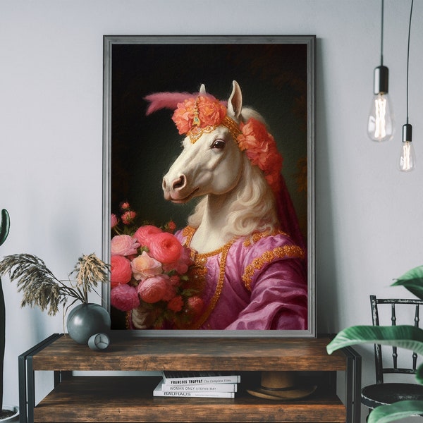 White Horse Vintage Portrait, Renaissance Animal Painting, Altered Art Print, Animal Head Human Body, Equestrian Decor