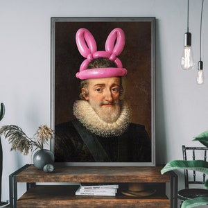 Altered Art Print – King Henri IV of France with Rabbit Ears, Renaissance Portrait Painting, Funny Wall Art, Street Art Print