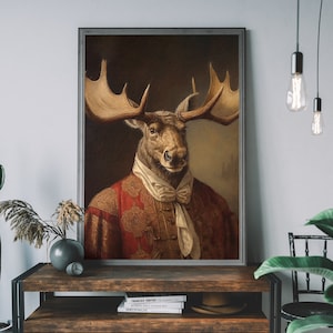 Elch Vintage Portrait - Renaissance Tier Malerei, Kunstdruck mit Tierkopf & Körper, Unikat Kunstdruck