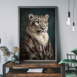 Snow Leopard Vintage Portrait Print, Altered Art Animal Head & Human Body, Regal Unique Wall Decor, Mixed Media Animal Illustration