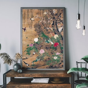 Birds and Flowers Vintage Painting – Antique Japanese Poster, Traditional Woodblock Print, Botanical Wall Art