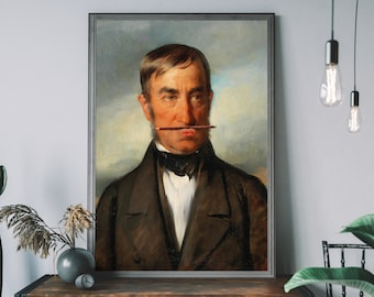May include: A framed portrait of a man with a pencil in his mouth. He is wearing a dark brown suit with a white shirt and a black tie. The background is a light blue sky with white clouds.