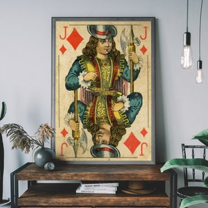 Jack of Diamonds Vintage speelkaart Art Print, retro kunst aan de muur, rustiek huisdecor, gameroomkunst