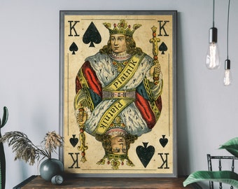 Karta do gry „Król Pik” w stylu vintage, grafika ścienna w stylu retro, rustykalny wystrój domu, sztuka do pokoju gier