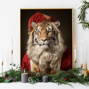 Christmas Tiger Vintage Portrait, Renaissance Animal Painting, Festive Wall Art, Animal Head Human Body, Holiday Poster