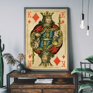 King of Diamonds Vintage speelkaart Art Print – Retro muurkunst, rustiek huisdecor, muurdecoratie gameroom