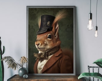 Red Squirrel Vintage Portrait – Renaissance Animal Painting, Altered Art Print, Animal Head Human Body, Cool Home Decor