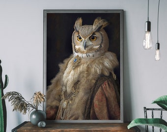 Owl Portrait, Renaissance Animal Painting, Altered Art Print, Animal Head Human Body, Cool Home Decor