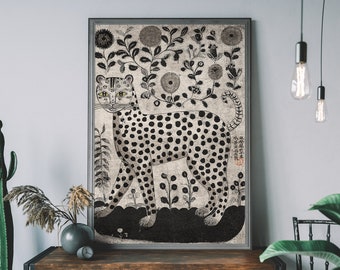 Vintage Folk Leopard Art Print – Black & White Boho Animal Illustration, Cottagecore Wall Decor