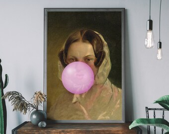 Bubblegum Lady Print – Altered Graffiti Art, Urban Vintage Modern Print, Pink Bubblegum