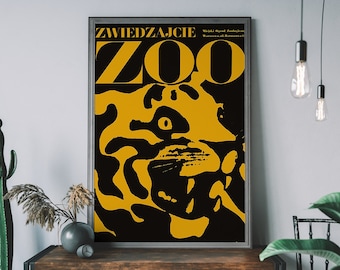 Zoo Travel Poster – Vintage Tiger Illustration, Antique Travel Poster, Warsaw Zoo Retro Advert