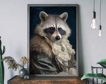 Raccoon Portrait Art Print – Victorian Animal Painting, Altered Art Print, Animal Head & Human Body, Unique Art Print