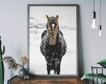 Gold Horse Art Print – Abstract Equestrian Wall Decor, Unique Horse Gifts