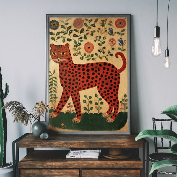 Vintage Folk Leopard Kunstdruck, Cottagecore Wandkunst, gemütliche Wandkunst, Boho Tier Illustration