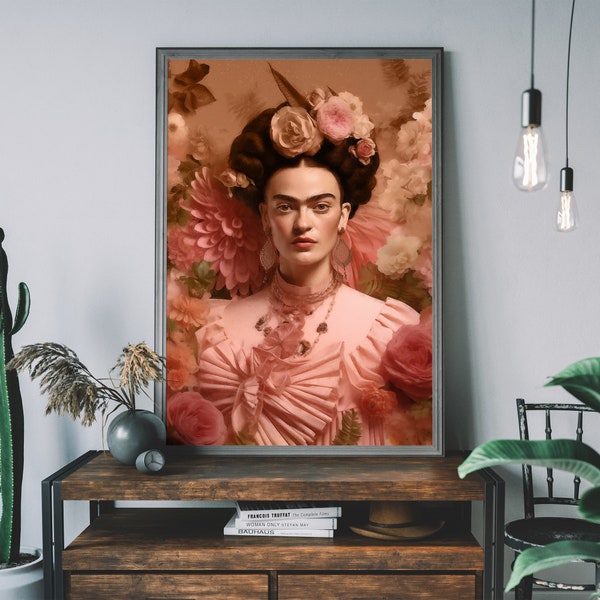 Frida Kahlo print, inspirerende vrouwen, veranderde vintage art print, feministische print, Pantone kleur van het jaar 2024 - Peach Fuzz, Mexicaanse kunst