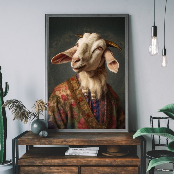 Altered Art Vintage Goat Head on Human Body Art Print, Unique Home Decor