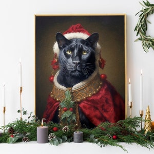 Christmas Panther Vintage Portrait – Renaissance Animal Painting, Festive Wall Art, Animal Head Human Body
